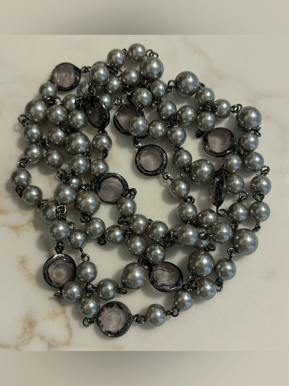 Elegant Gray Pearl and Smoky Crystal Long Necklace, EUC